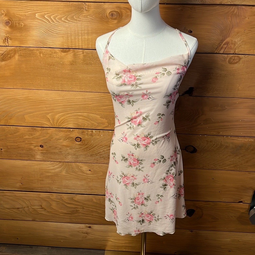 SHEIN MOD Women's Cream Pink Floral Print Spaghetti Strap Dress Sm Draped Event